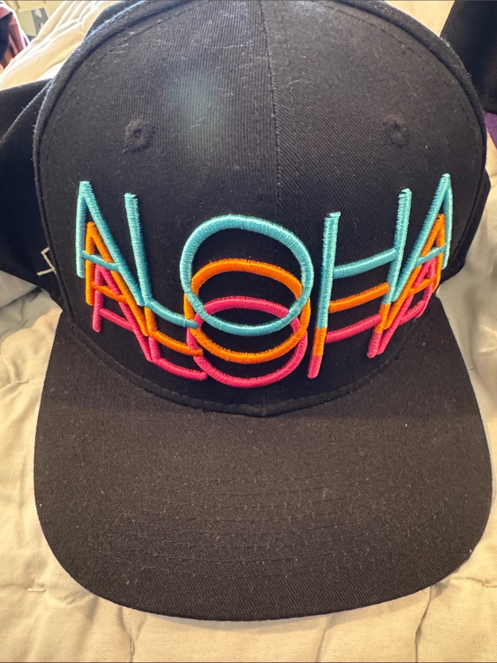 Aloha Embroidered Black Snapback Hat - Multicolor Lettering